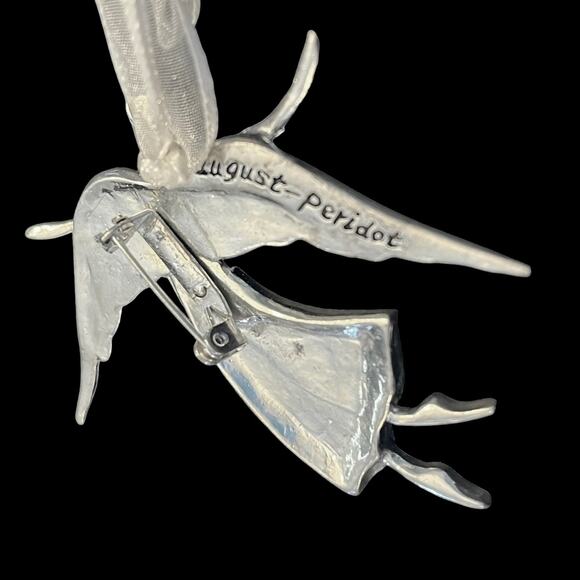 Birthstone Pewter Angel BROOCH PIN Ornament 3" Pendant August Peridot Crystal! - Picture 3 of 6